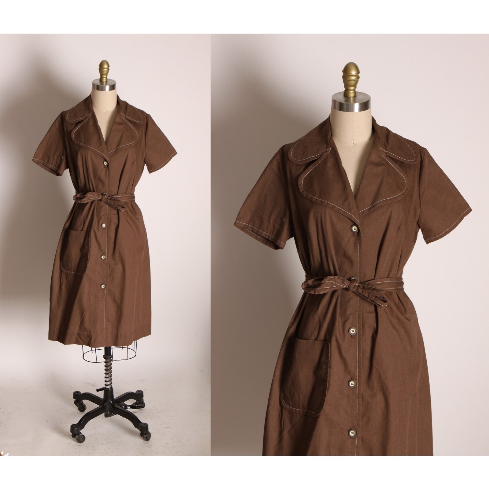 1970s Brown Button Up Short Sleeve Dog Ear Collar Belted Dress by Ship N’ Shore