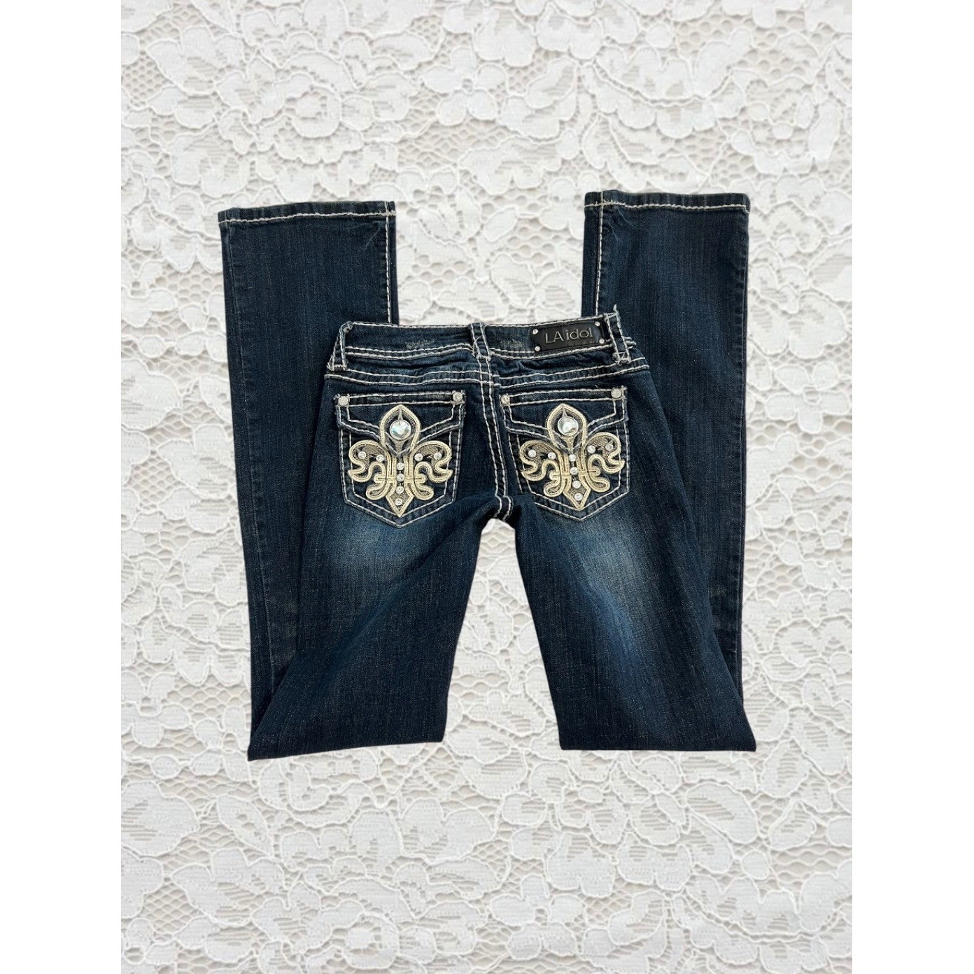 vintage cyber y2k contrast stitch fleur de lis embellished low rise flare jeans