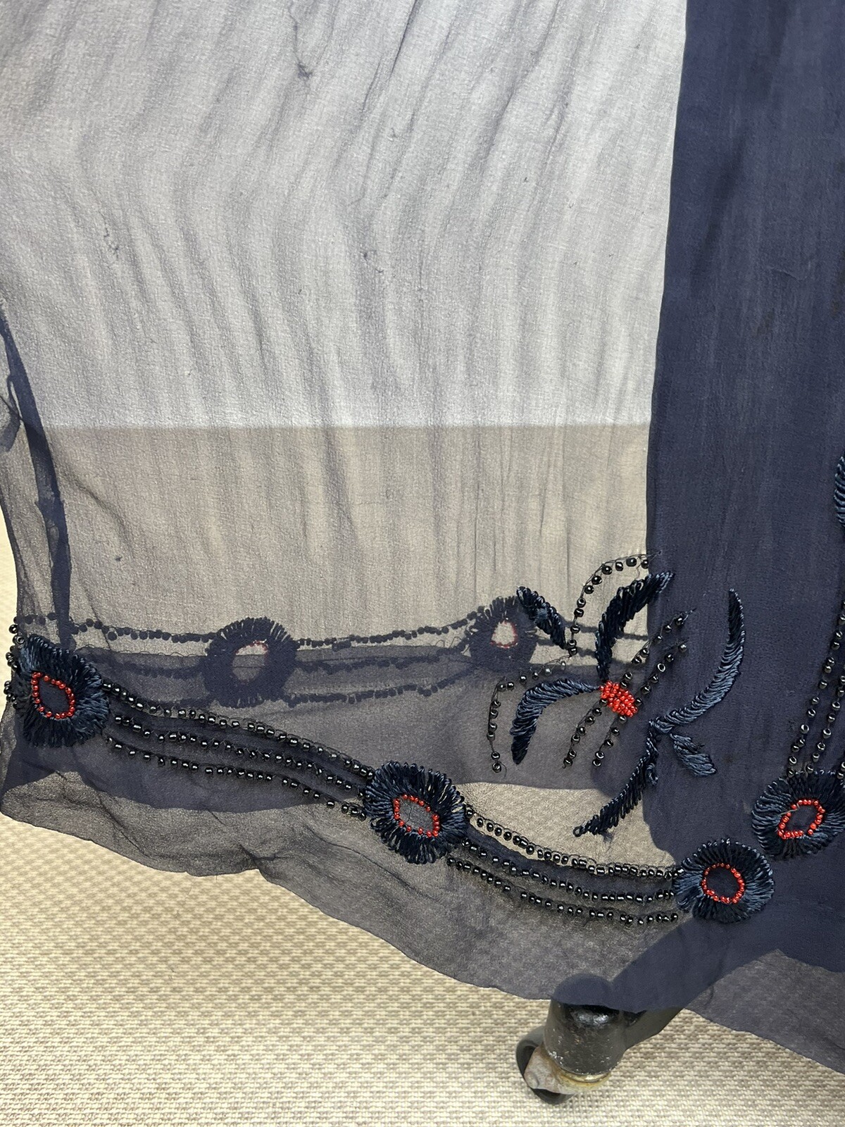 Antique 1910s 1920s Navy Blue Silk Chiffon Dress Floral Embroidery Beading AS IS