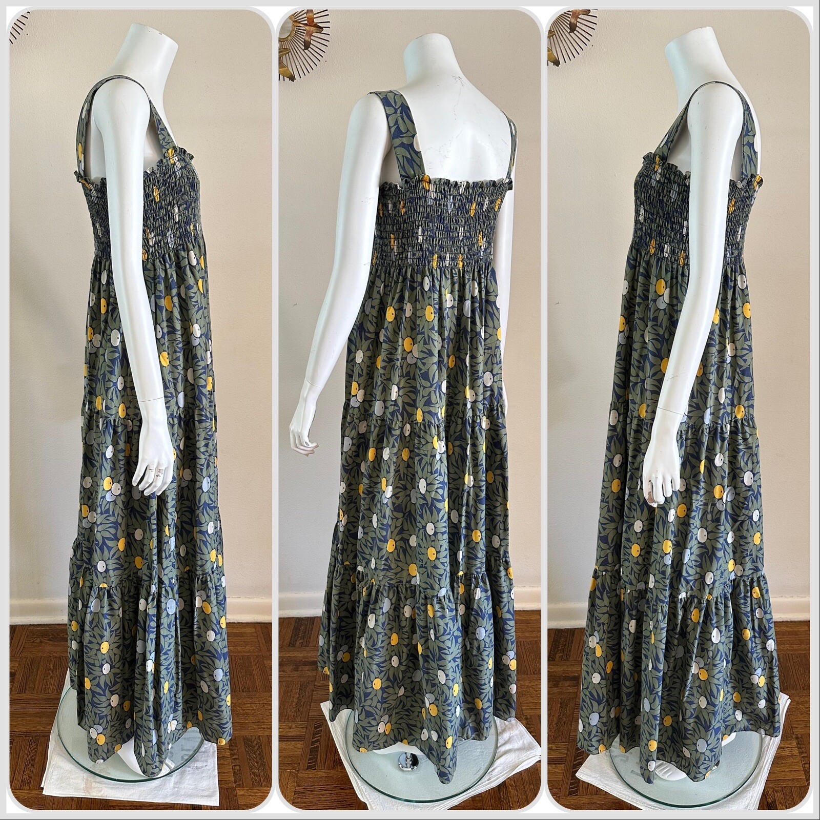1970s Olive Print Smocked Maxi Dress Cotton Blend Hostess Resort Sundress OS VTG