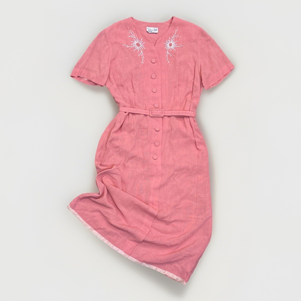 Vtg 1960s Pink Linen Rayon Dress Hand Beaded Embroidered Lady Petite 18 1/2