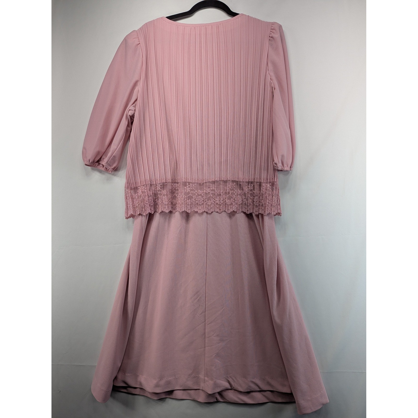 Cue Fashions Vintage Pink Pleated Lace Trim Midi Dress 16W Made in USA Pussybow
