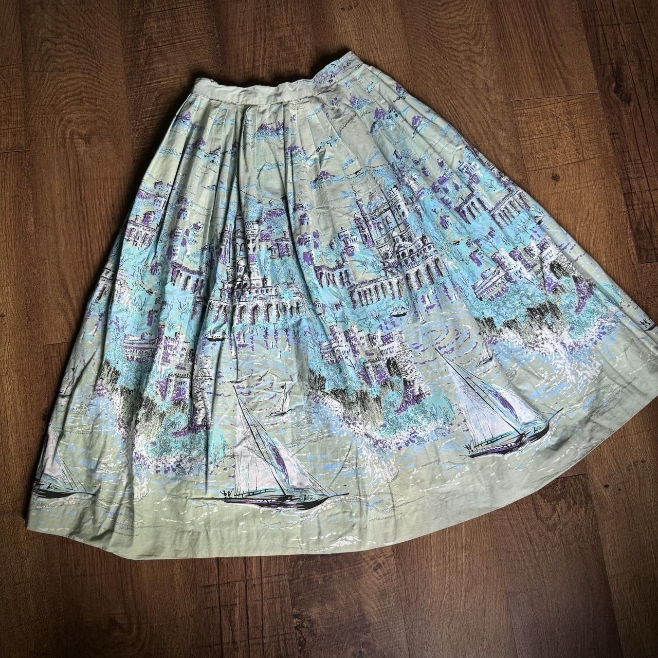Vintage 1950s Sailboat Scenic City Novelty Print Skirt Fantasy Architecture