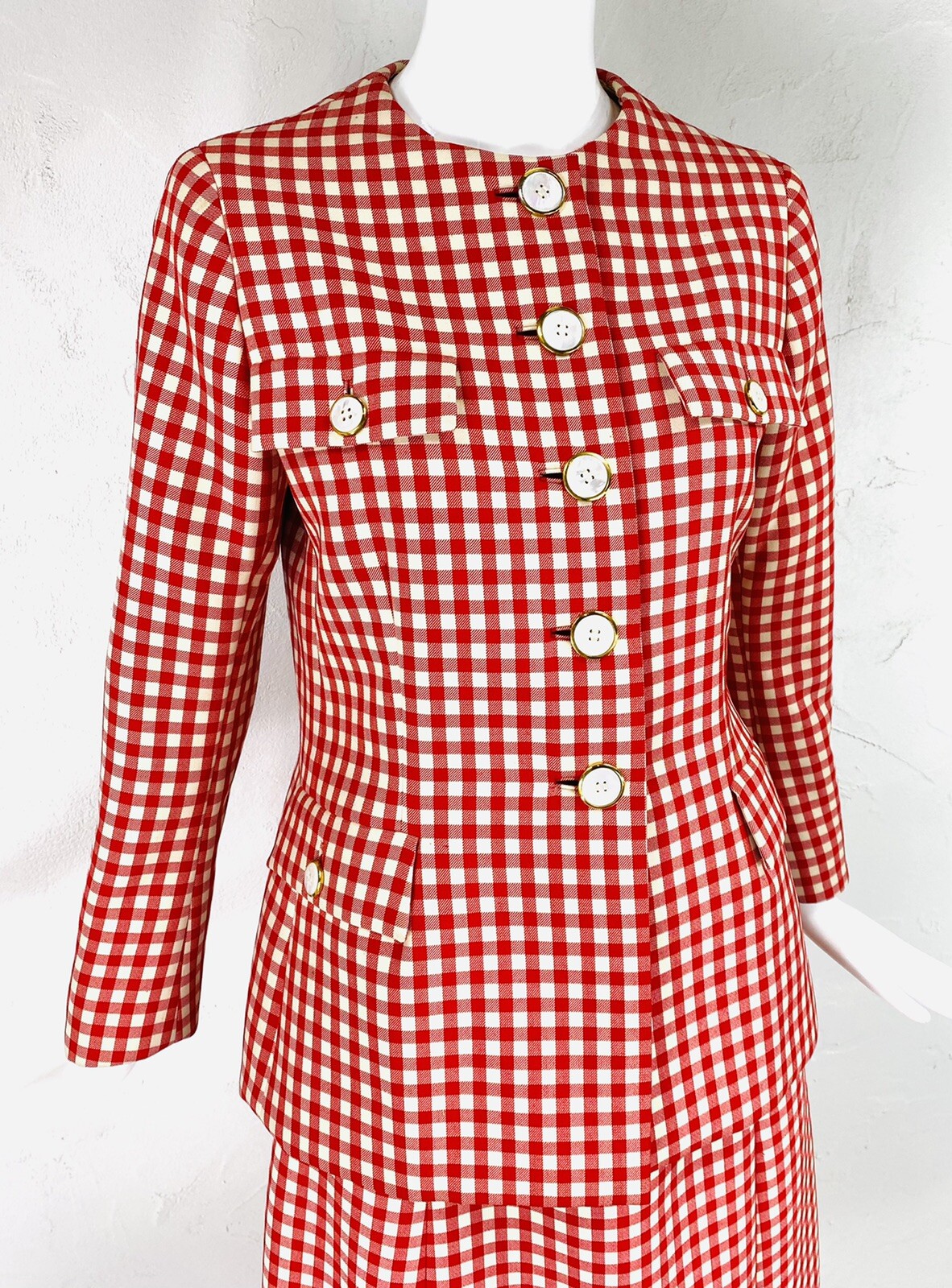 Met Museum Archive 1972 NORMAN NORELL Red Cream Gingham Skirt Jacket Suit M