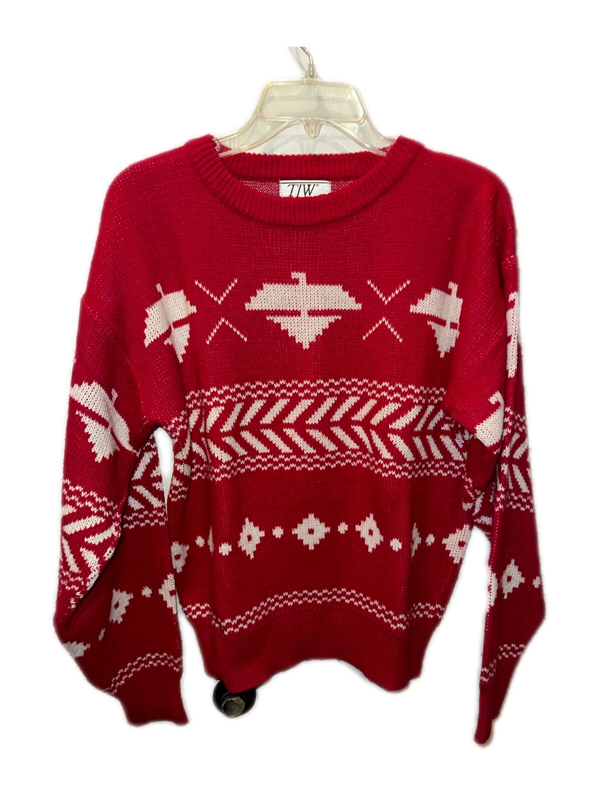 VTG Tribal Ski Sweater 1980s Mervyn’s Red Acrylic Chest 44” 90s Skiwear Acrylic