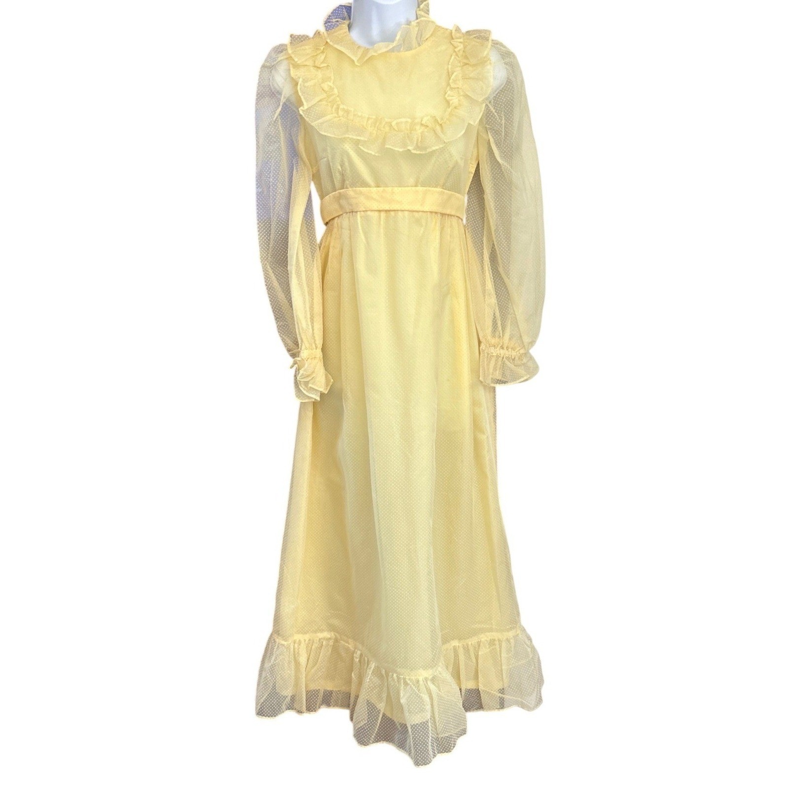 70s Swiss Dot Yellow Maxi Dress Cottagecore Prairie Point d’Esprit Ruffle Trim