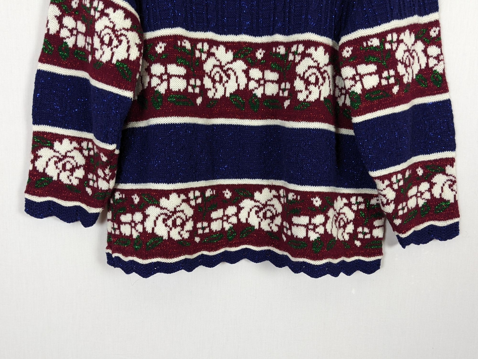Vintage Holiday Time long sleeve floral striped glittery sweater sz L