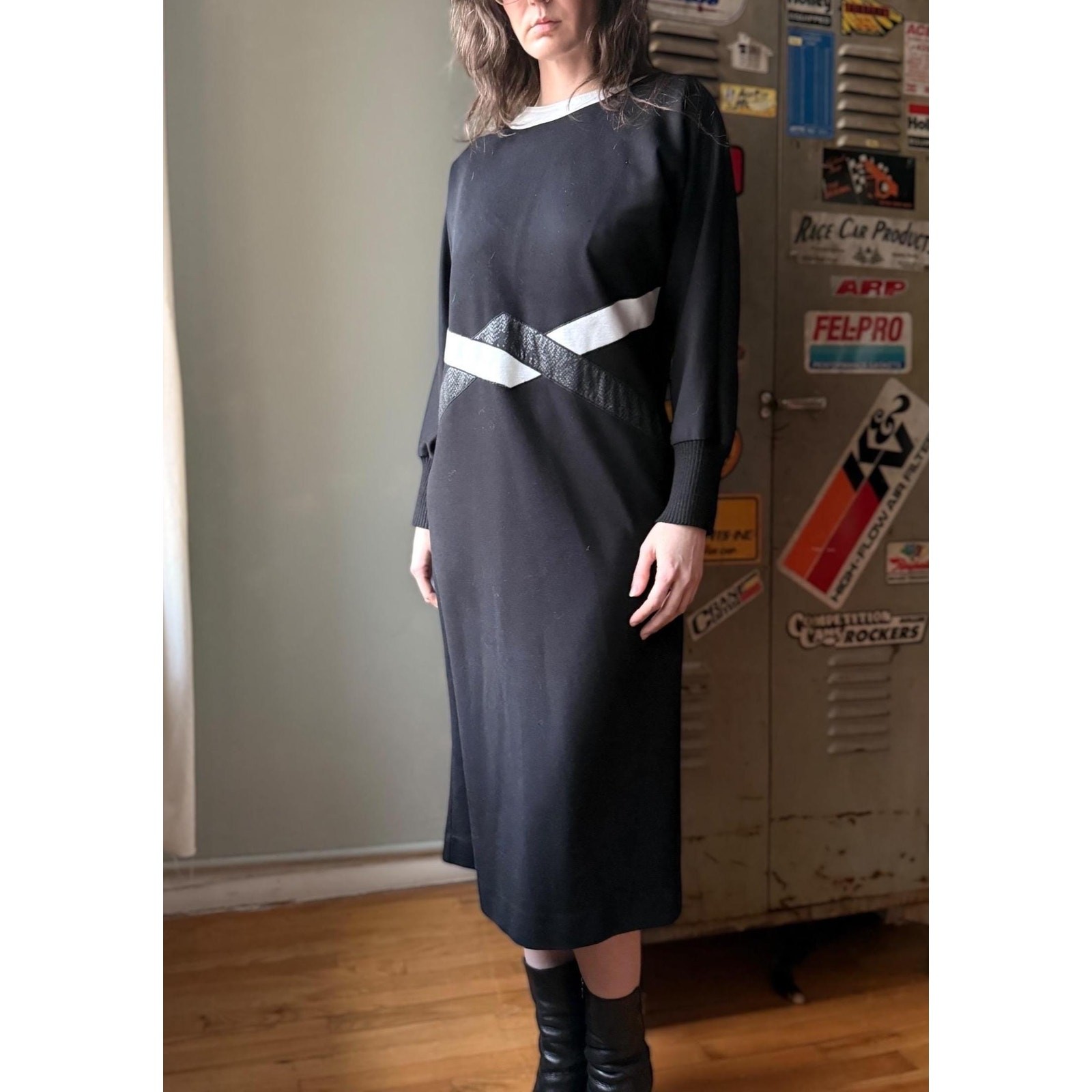 Vintage 70s Leslie Fay Knit Midi Dress | Black White Graphic | Size 14