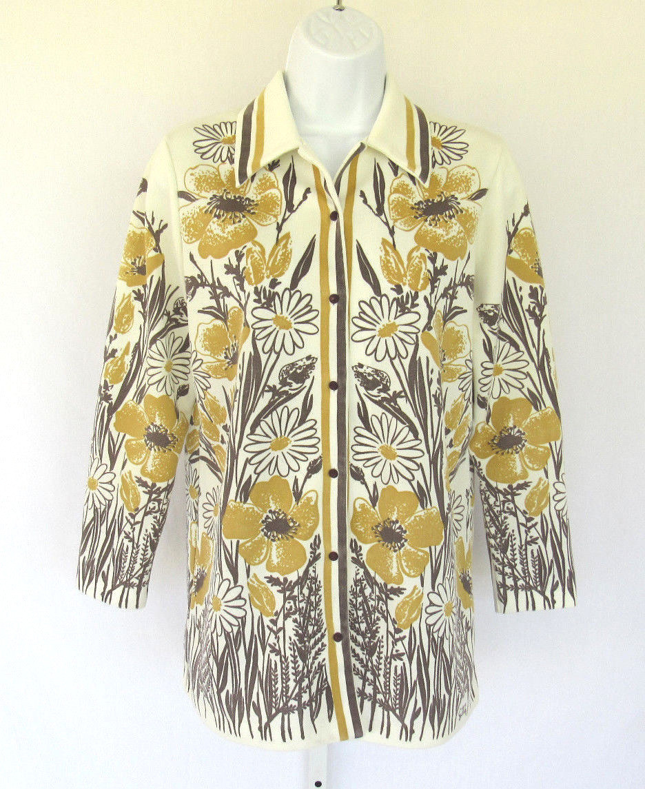 VTG 1960s MOD FLORAL OP ART SIGNED GILI TOP POLYESTER GOLDEN WHEAT BROWN WHITE