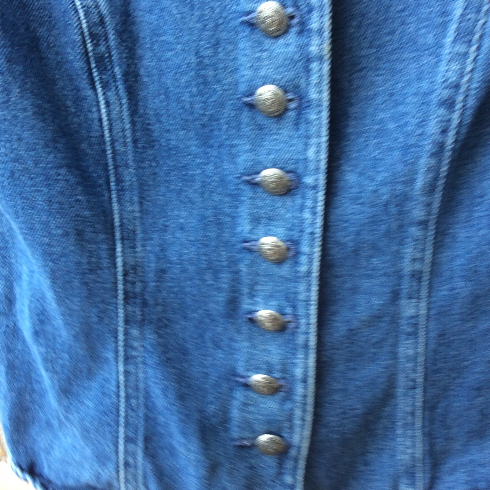 VTG 80s Blue Denim Military Look Jacket Womens Sz S? Shoulder Pads Buttons