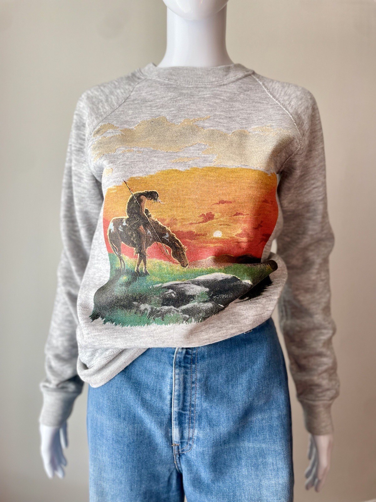Vintage S 80s Sweatshirt Crewneck Heather Grey Native American Horse EUC
