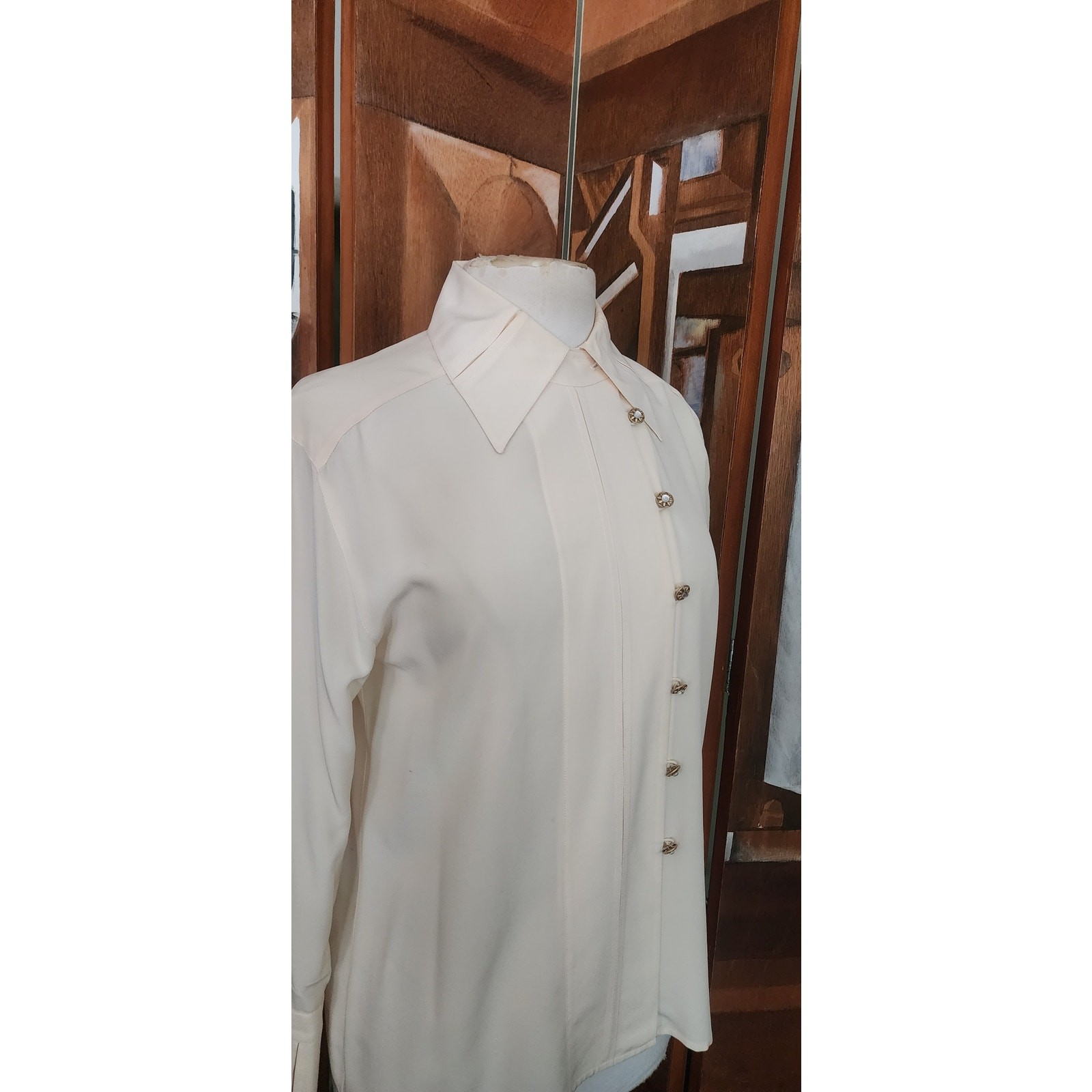 Vintage 1980s Karl Lagerfeld Blouse Cream Silk Shirt Asymmetric Button Down Med