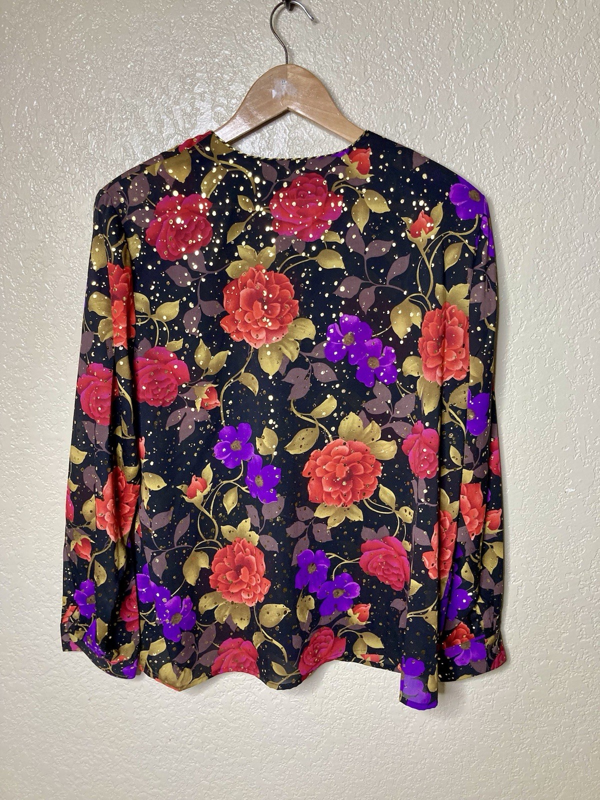 VTG 90s Christie & Jill Ladies Top Mature Floral & Metallic Gold Chiffon Size 16