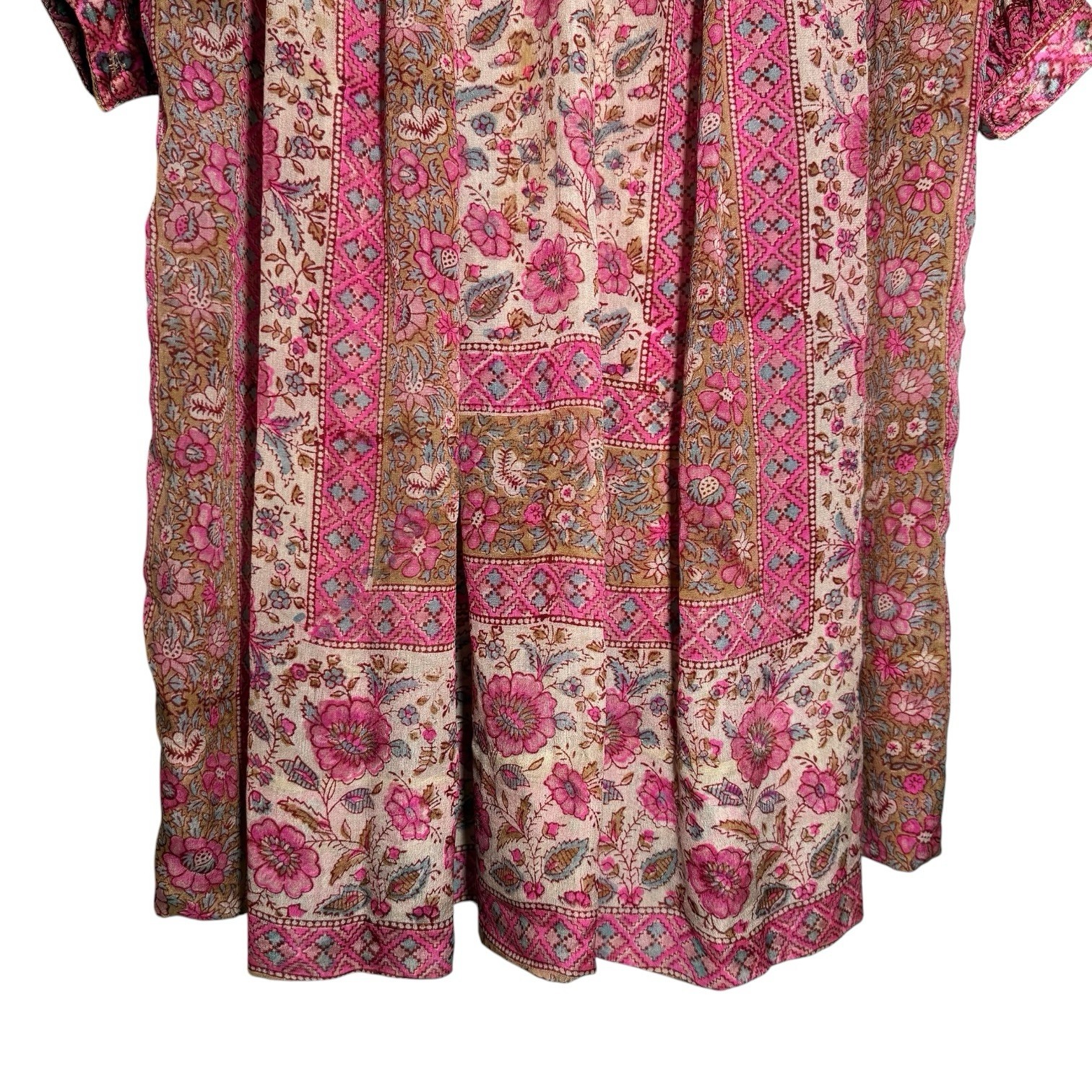 70s Vintage Ritu Kumar Judith Ann I Magnin Pink Silk Block Printed Boho Dress S