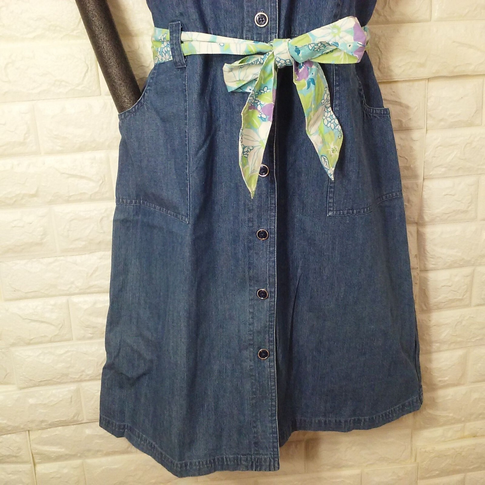 Vintage 90s Erika Denim Button-Front Shirt Dress XL(16) Pockets SSL Floral Belt