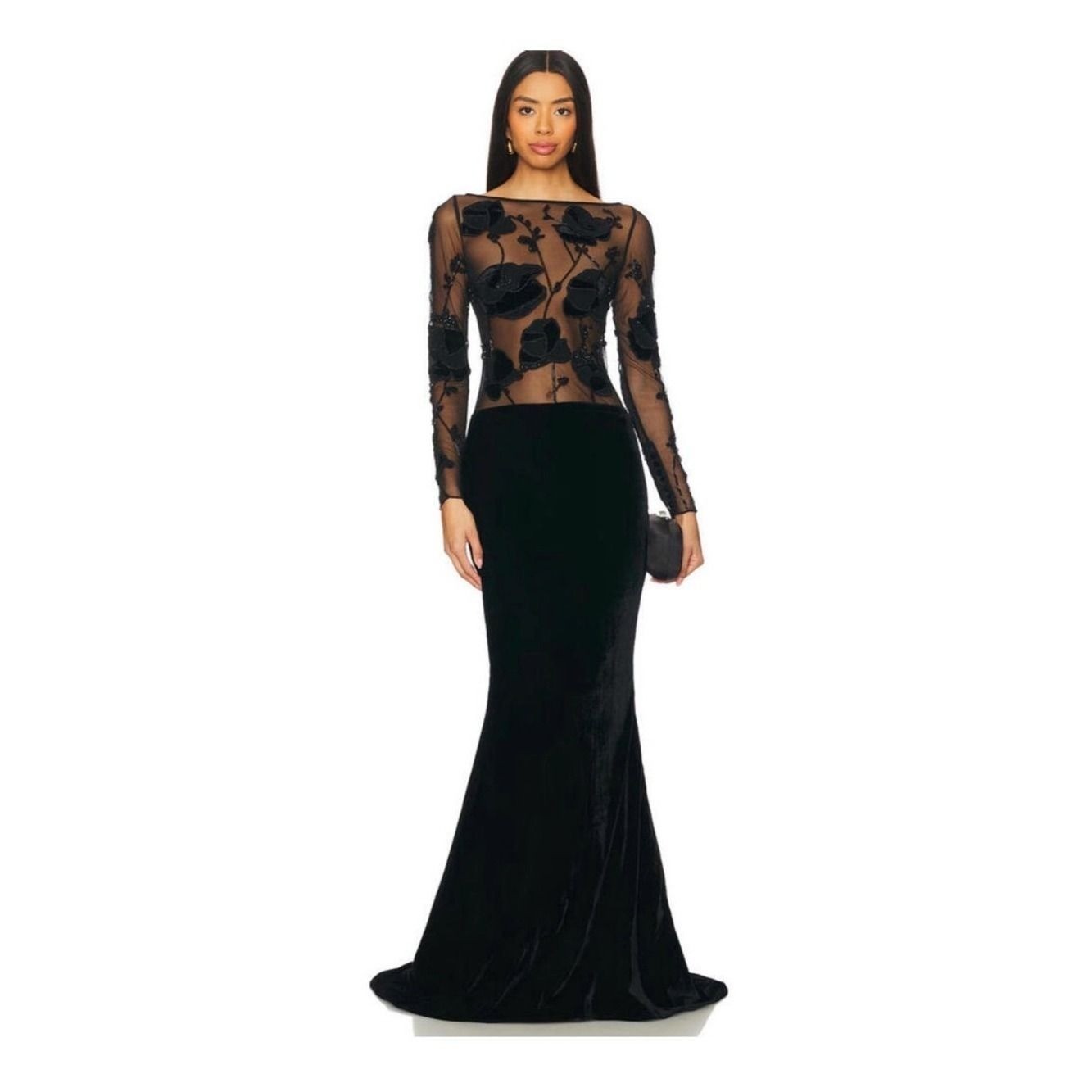 Retrofete Black Sheer Floral-Appliqué Velvet Gown NWOT Small Retail $1998