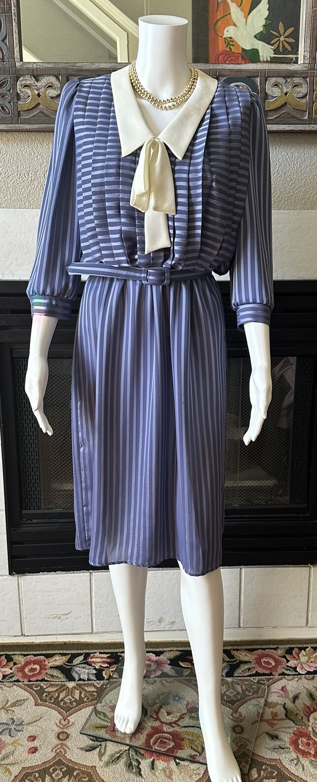 Vtg 80s JSJ Belted Dress Womens Polyester Blue Dynasty Style 34” Bust 28” Waist