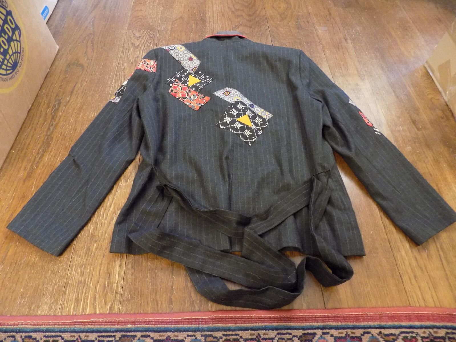 Vtg Canvasbacks Art to Wear Patchwork Blazer Pinstripe Gray Belt Suit Jacket XS