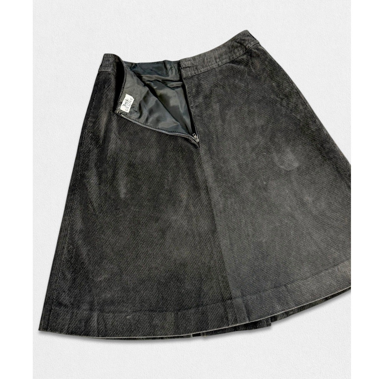 VTG 70s CELINE Paris Corduroy A-Line Pleated Skirt Horse Bit Hardware Kick Pleat