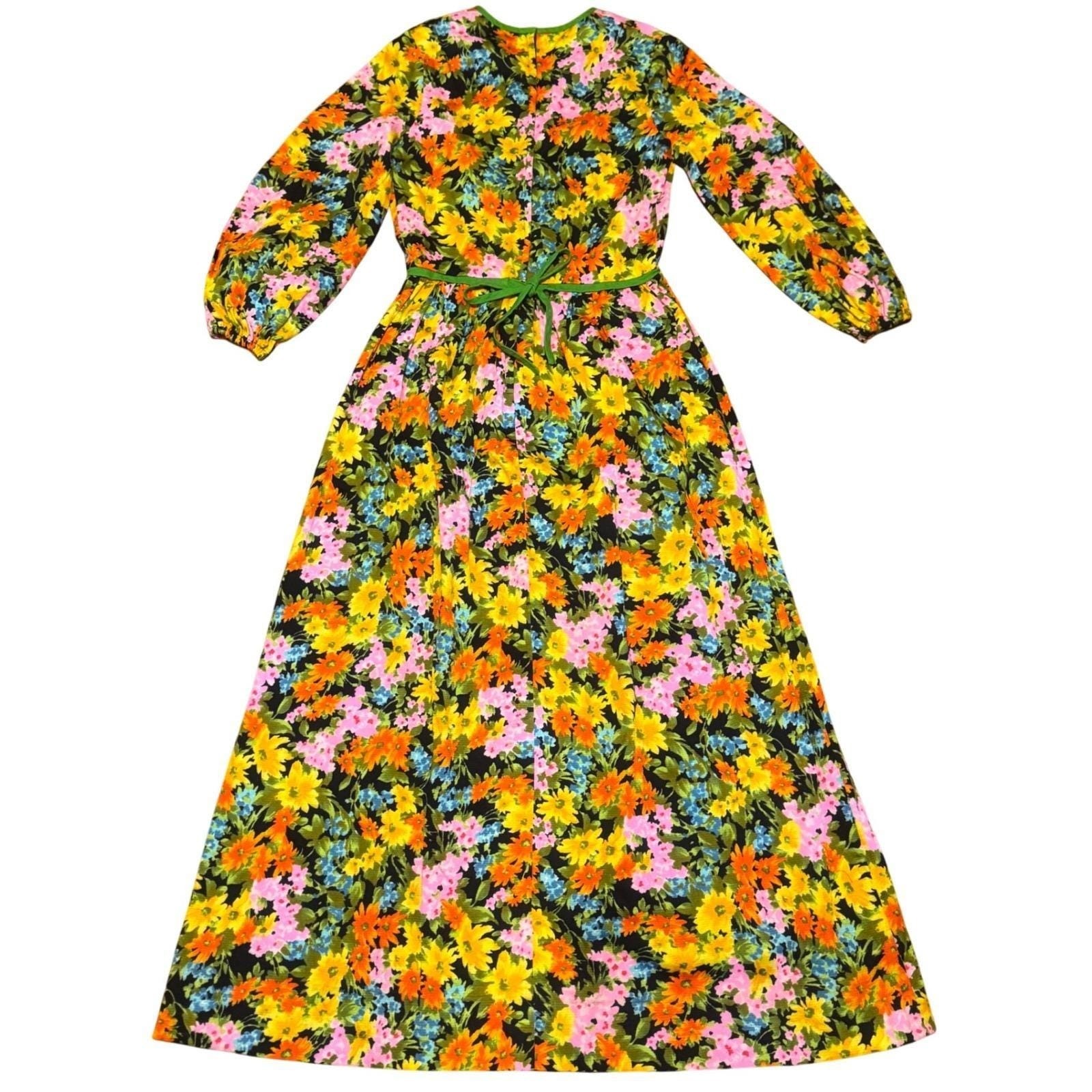 Vintage Tori Richard Honolulu Floral Barkcloth Maxi Dress Green Orange 70s Boho