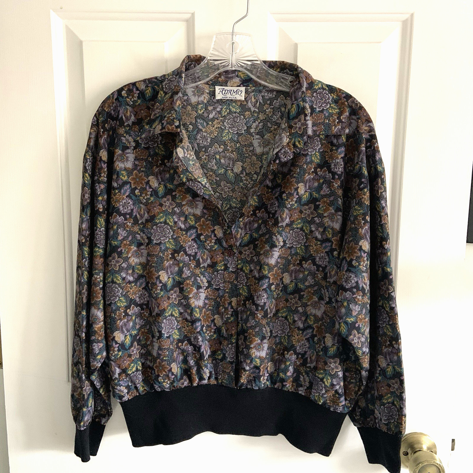 Vintage 70s ADAMO Silk Feel Button Front Blouse Dark Floral Elastic Waist Blouse