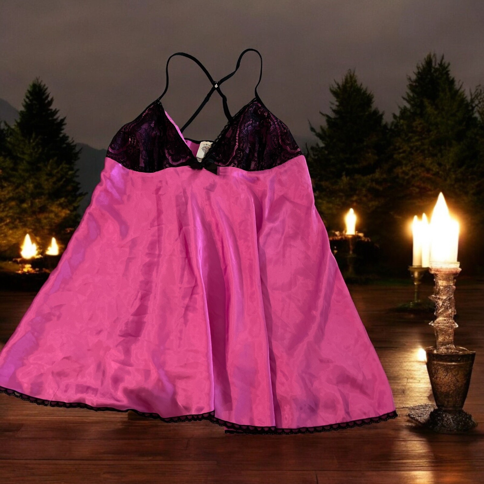 In Bloom Satin Shiny Pink Black lace baby doll Nightgown lingerie Women’ s MED-