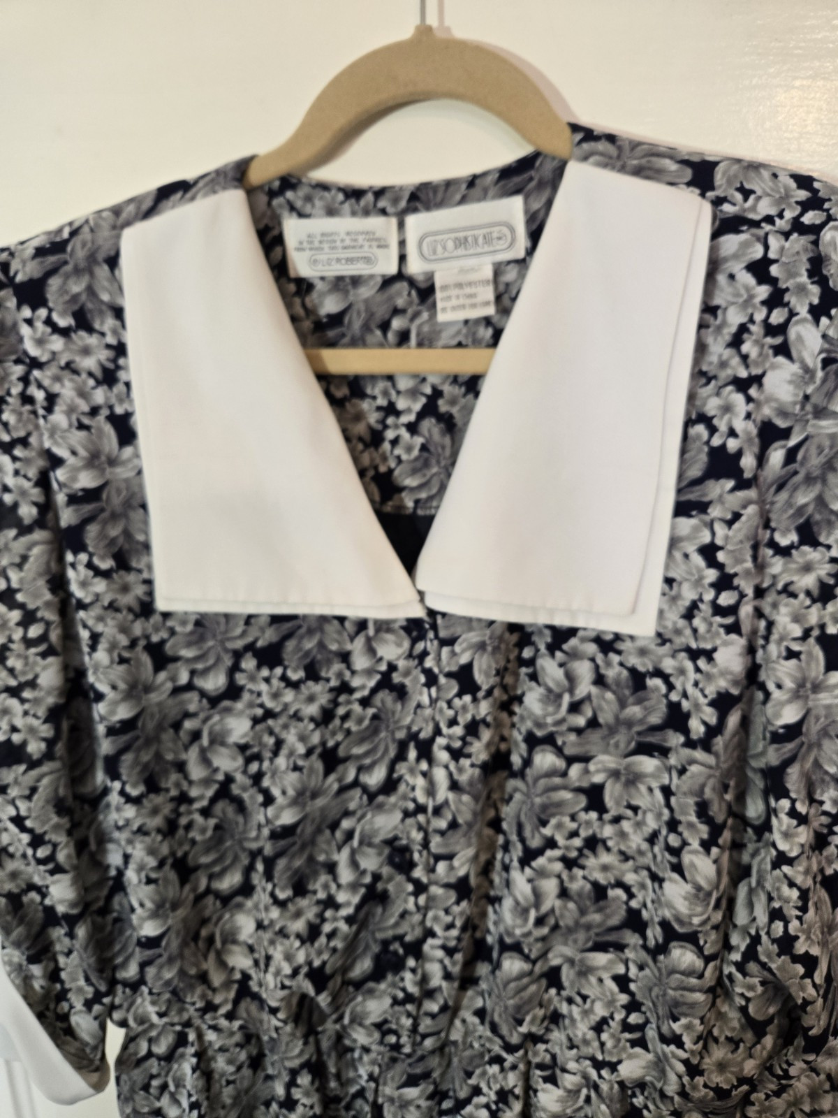 Vtg 90s Liz Robert’s Dress 18WP White Black Floral Boat Collar 3/4 Cuff Sleeves