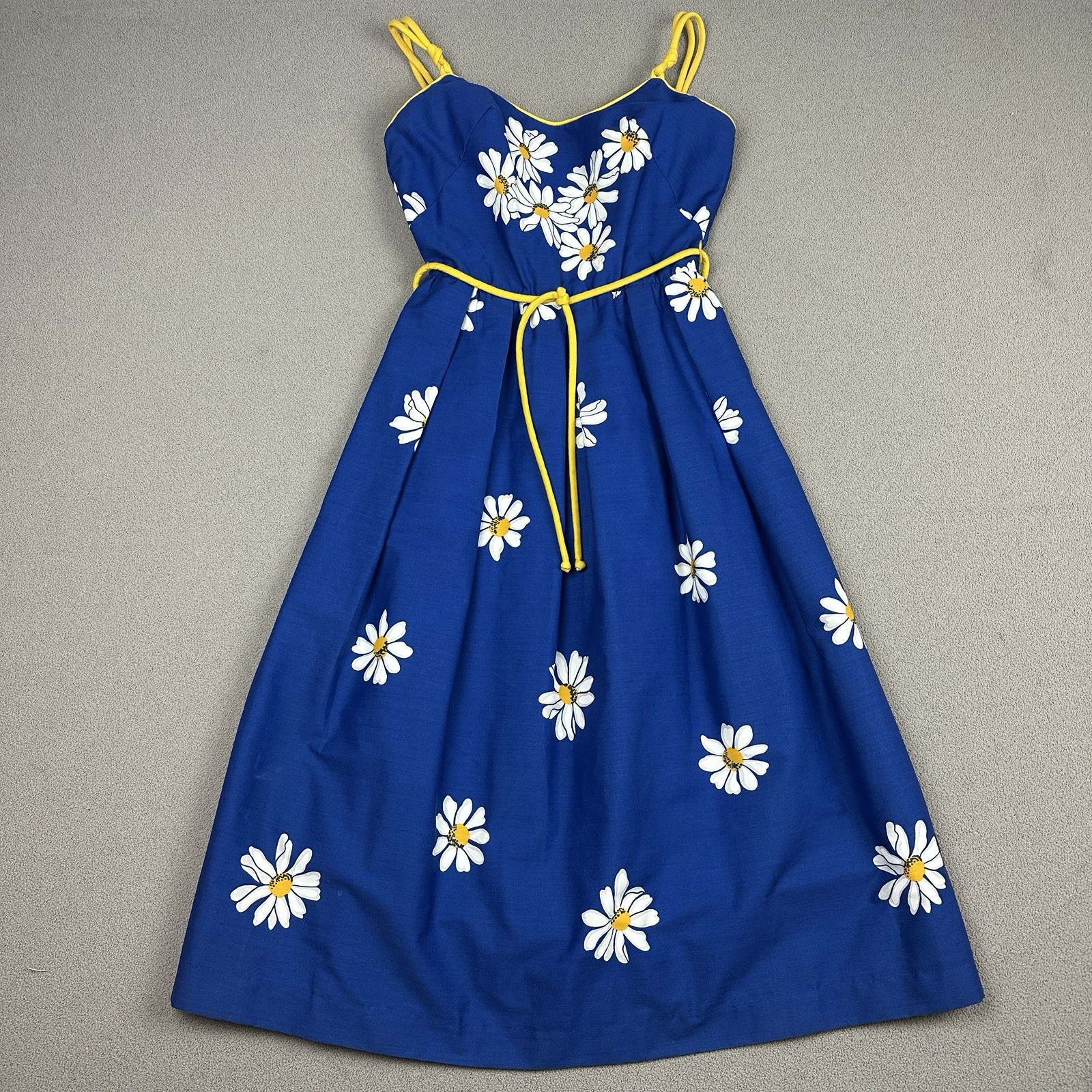 Vtg 60/70s Jenni Sundress Retro Blue White Daisy Floral Size 5/6 Rope Belt Strap