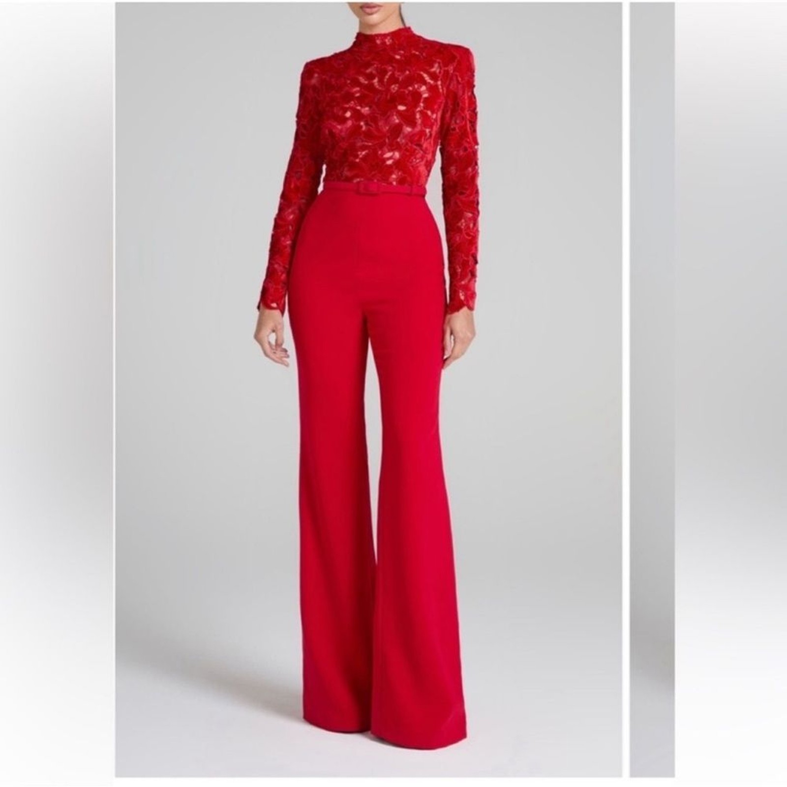 Nadine Merabi Eleanor Red Jumpsuit Long Sleeve Velvet Wide Leg Size 14