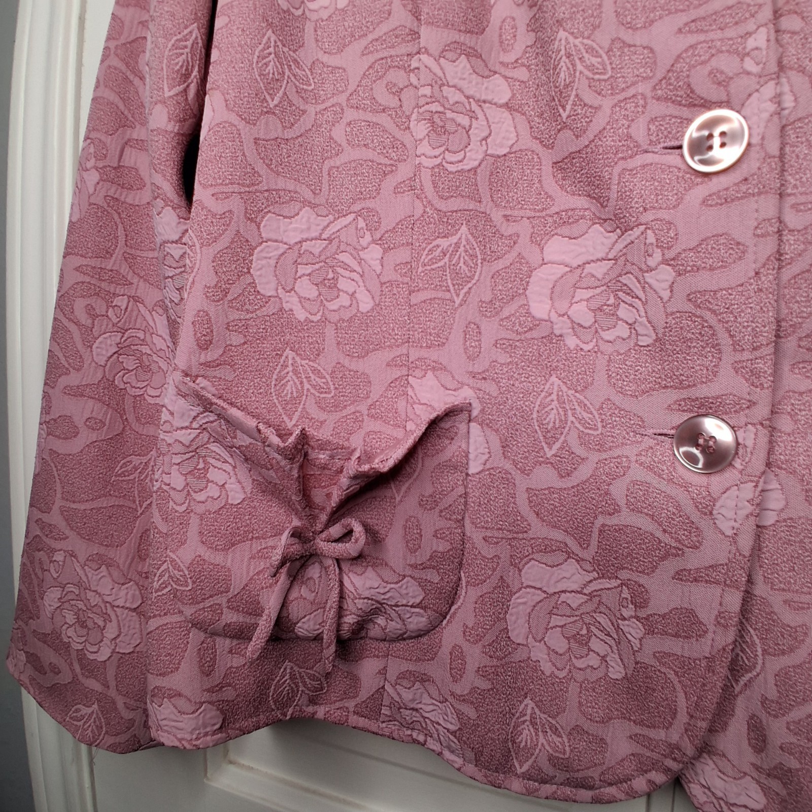 Stanley Blacker Pink Rose Sz 18 Jacquard Floral Spring Coquette Bow Blazer Vtg
