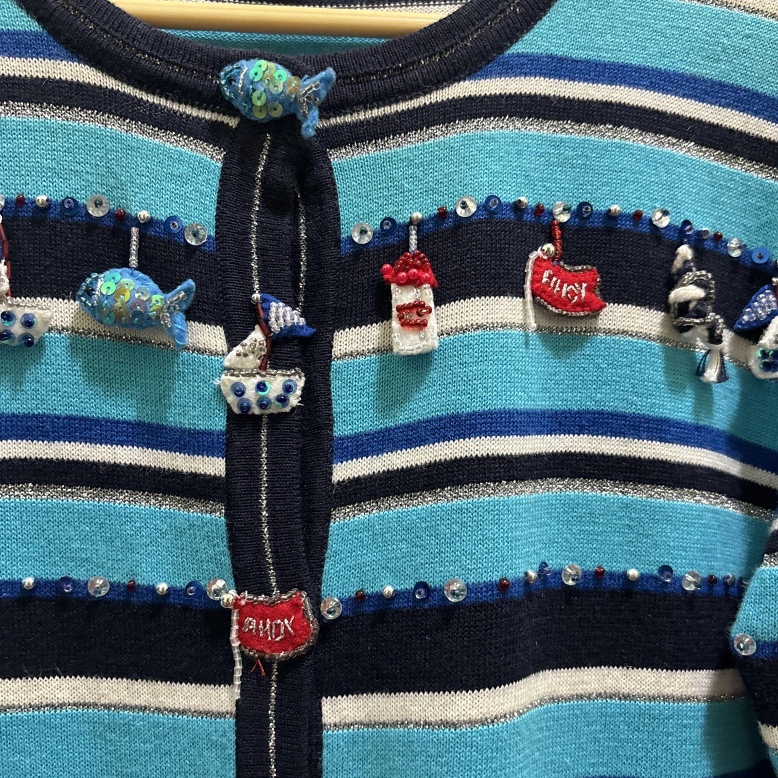 VTG Jack B Quick Cardigan Sweater Womens Petite Medium Turquoise Nautical Themed