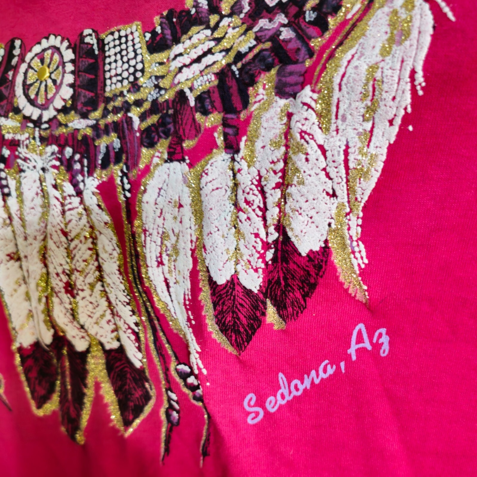 Women’s Vintage 90’s Native American Sedona, AZ Red & Gold Glitter Tshirt XL