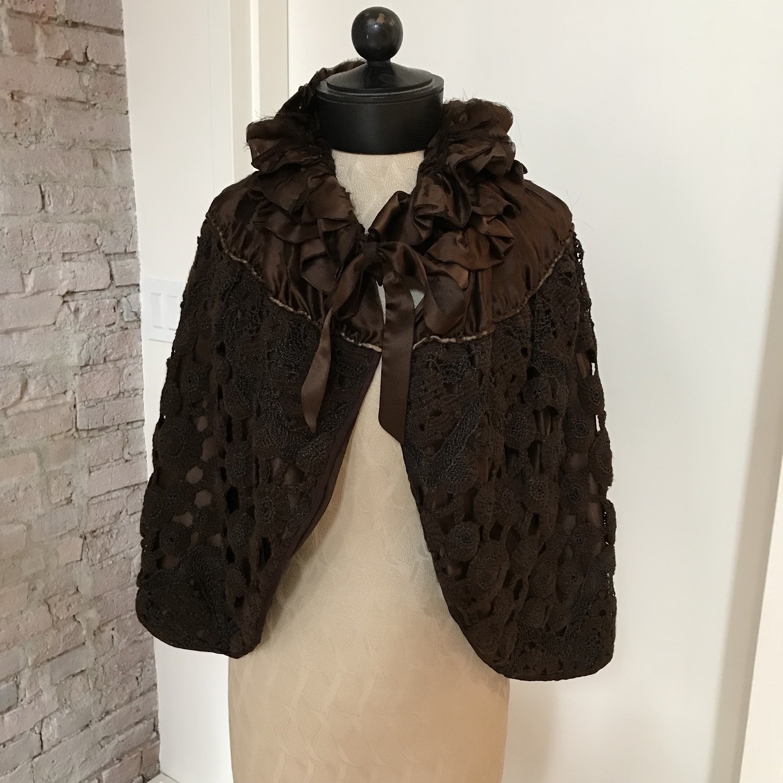 Vintage 30’s Women’s Brown Satin Dress Long Sleeve Matching Cape Macrame Conmar