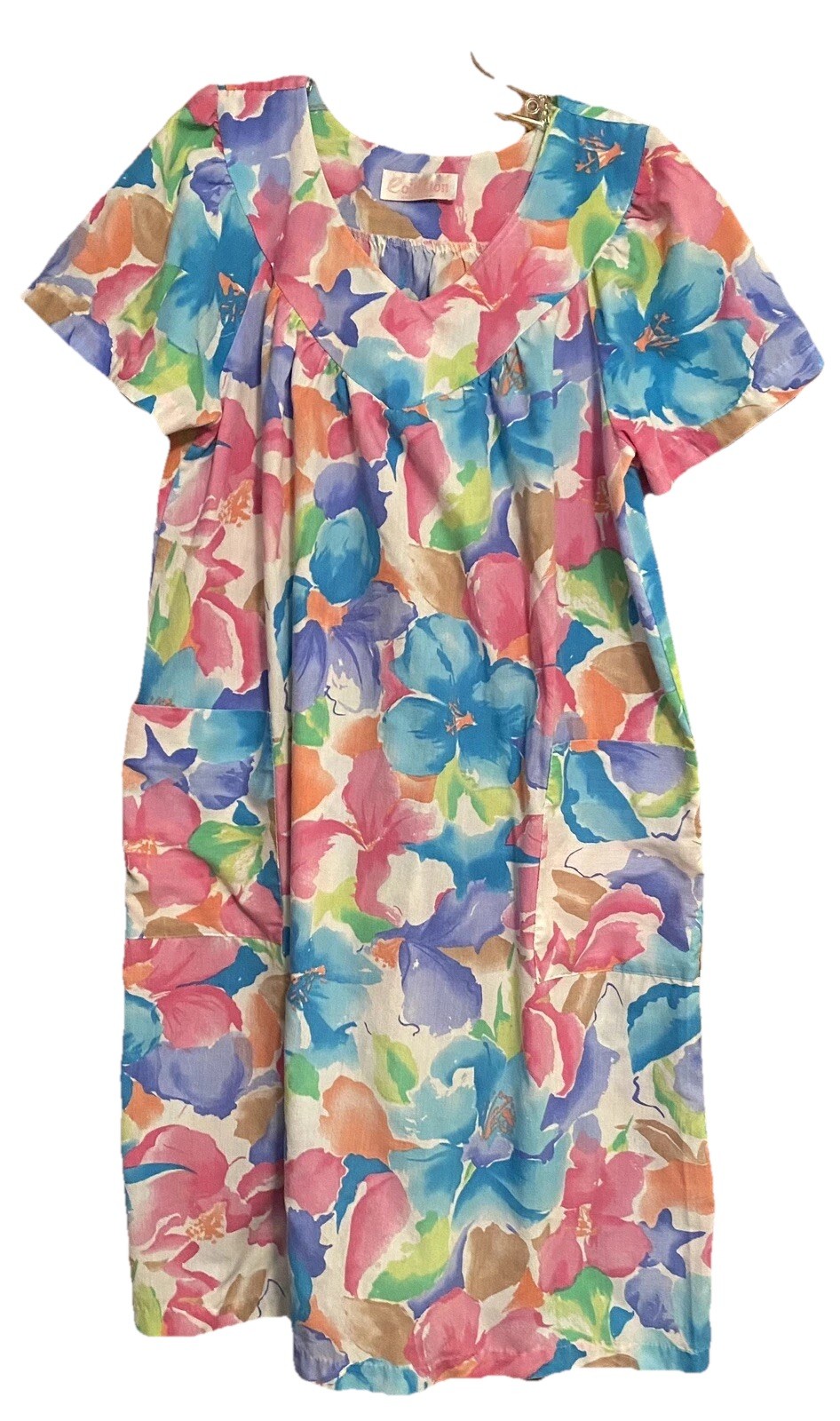 Vintage House Dress Cotillion Small USA Blue Pink Floral Short Sleeve Pullover