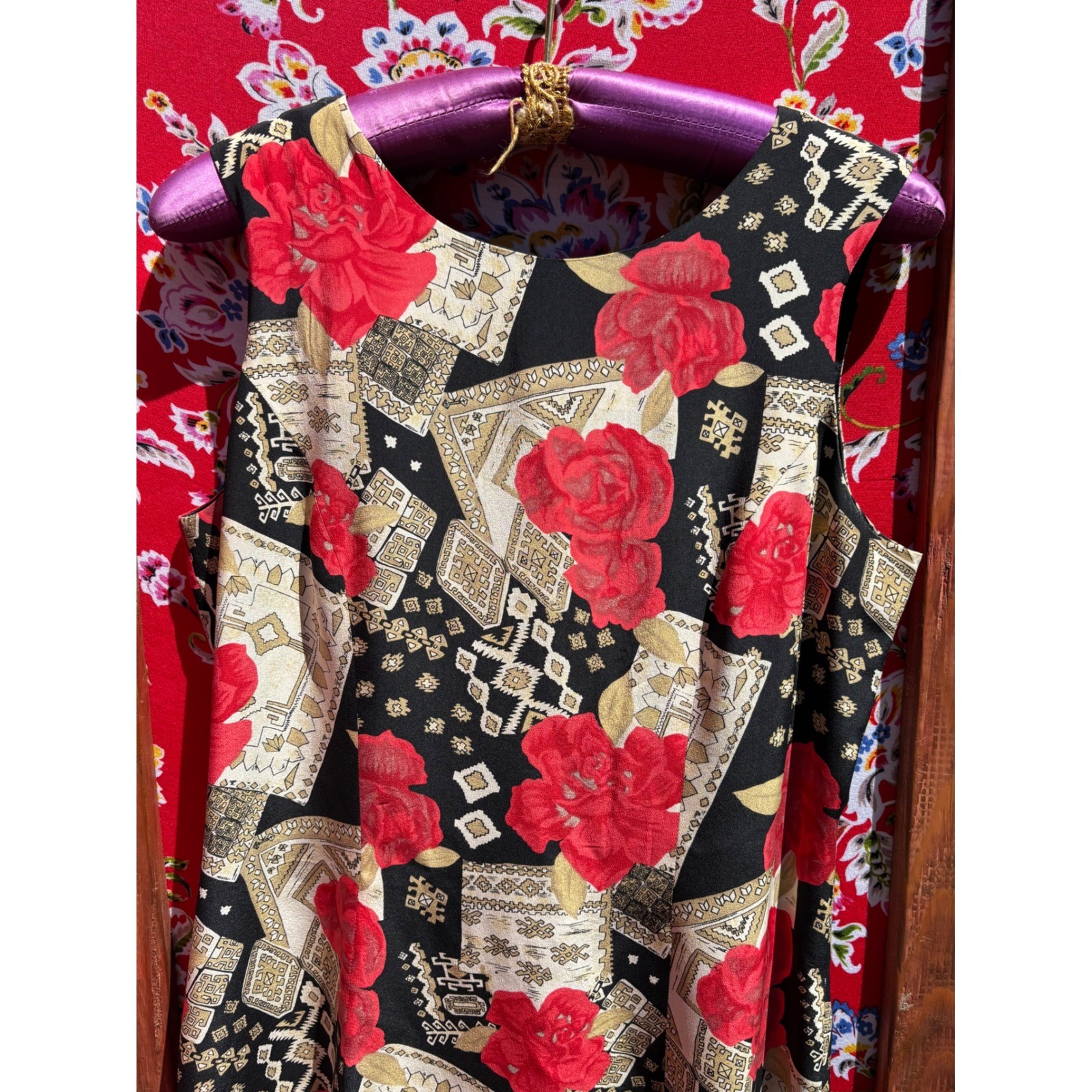100% Silk Vintage Red Black Patchwork Print Boho Chic Euro Summer Dress Size S-M