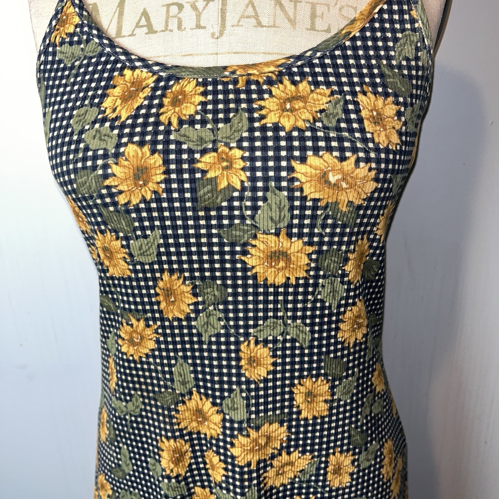Vintage 90s Tickets Clothing Sunflower Gingham Grunge Dress Navy Cotton 3/4
