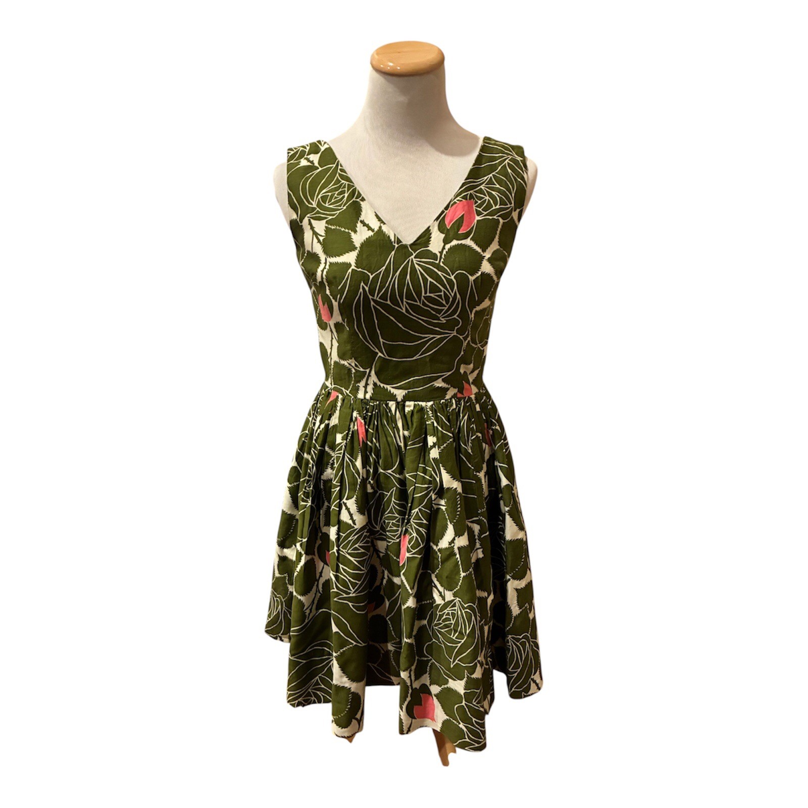 Vintage Everfast Fabrics Retro Green Floral Roses MCM Dress Fit & Flare XXS 00