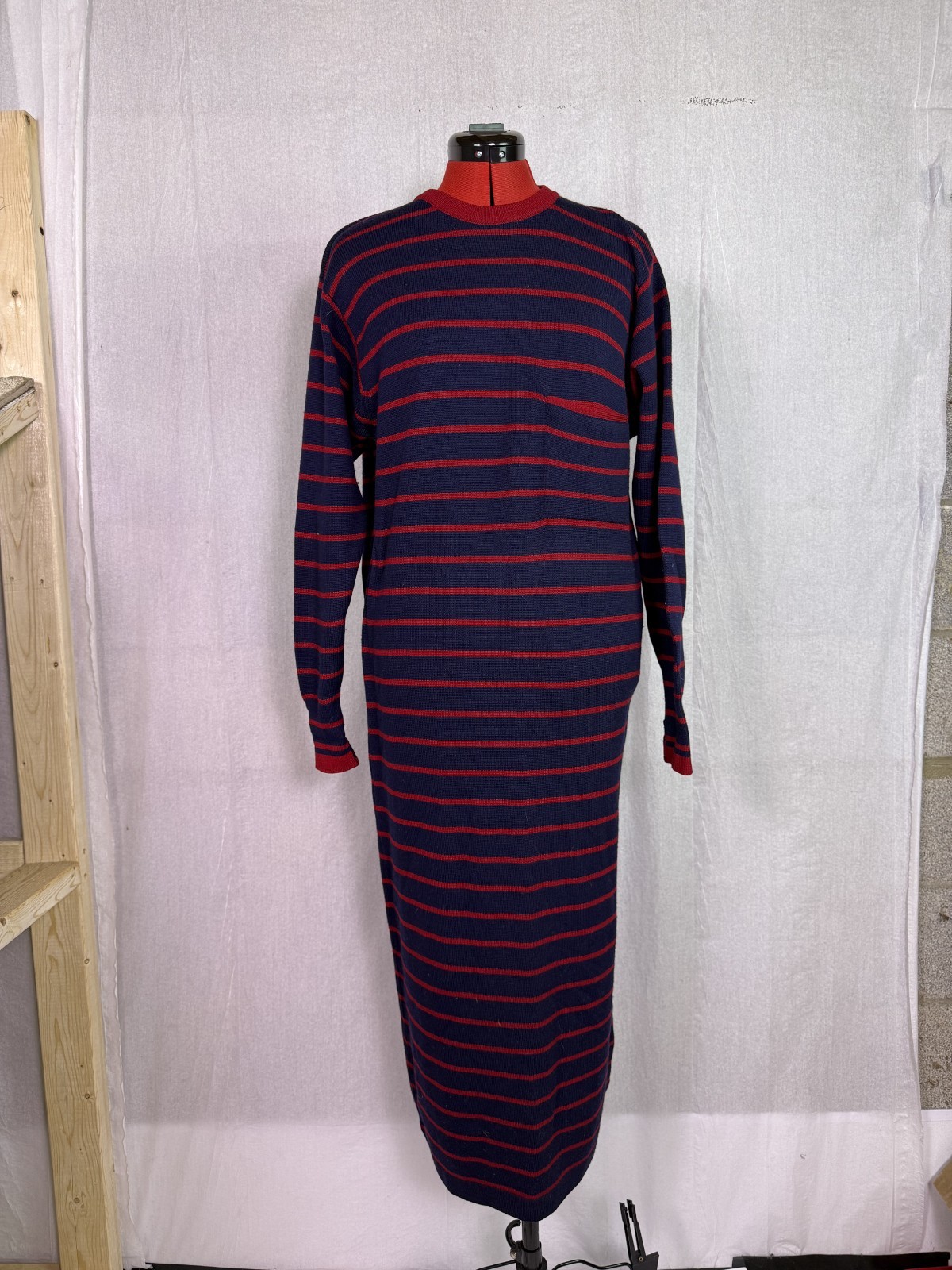 VTG Gloria Sachs Women Sweater Dress Sz Medium Merino Wool Blue Red Striped F138