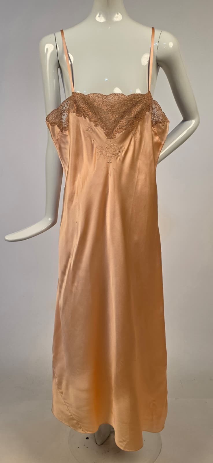ANTIQUE 1920’S GOLDEN BIAS CUT SILK SLIP W EMBROIDERY + ECRU FRENCH ALENCON LACE