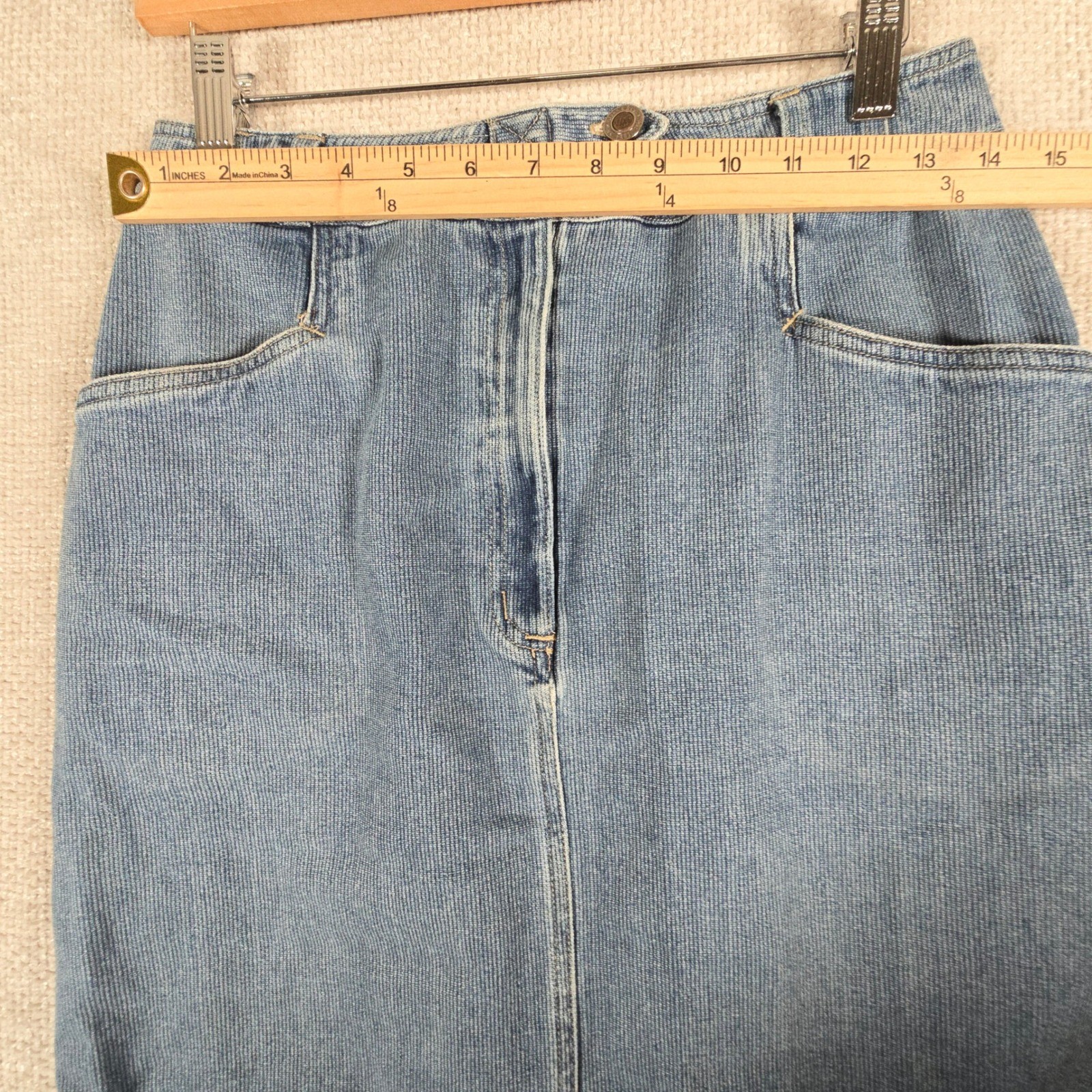 Vintage St Johns Bay Denim Maxi Skirt Blue Textured Cotton Size 8 28W 35L