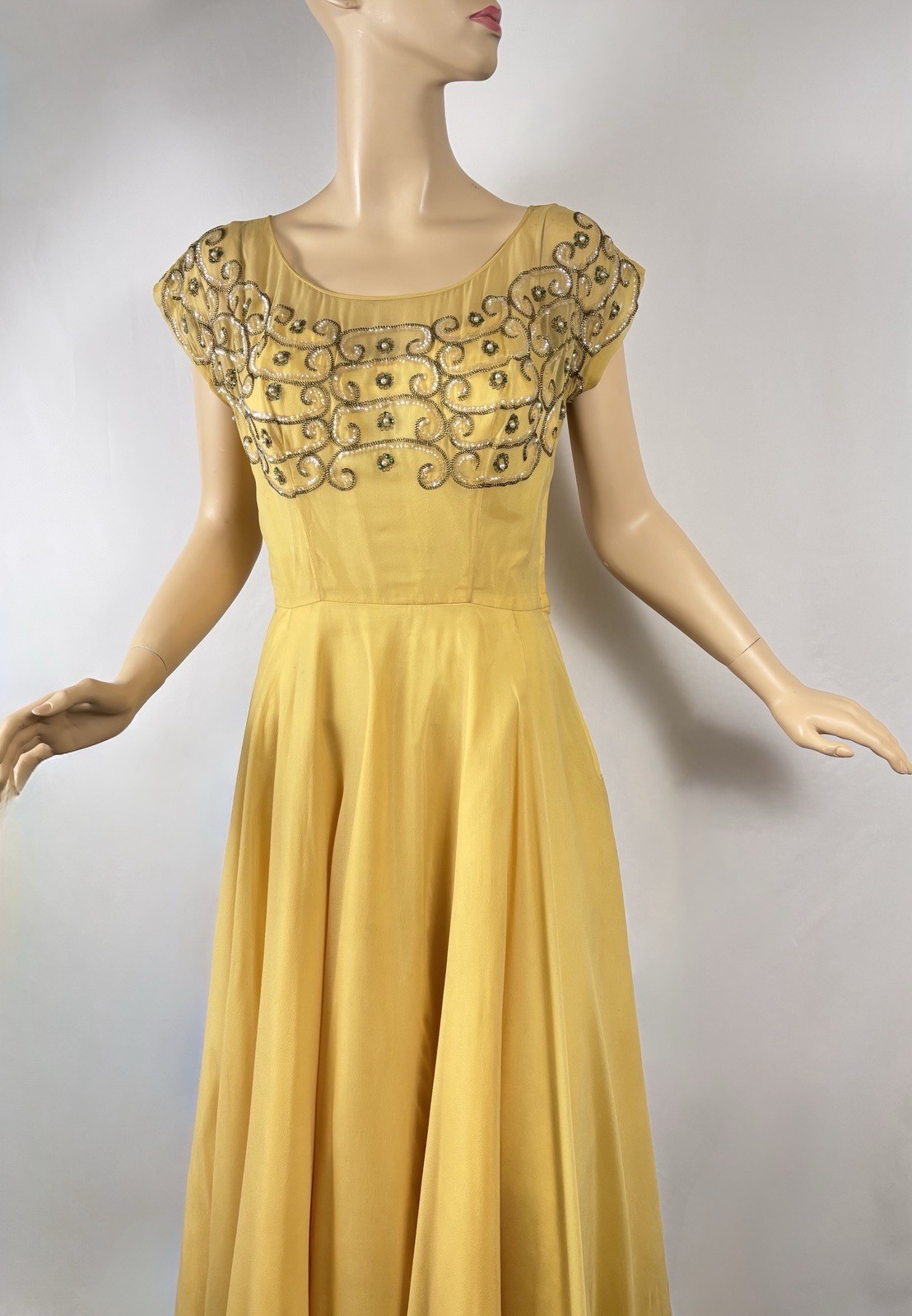Vintage 40s Goldenrod Silk Chiffon Evening Gown Rhinestones, Sequins, Gold Cord