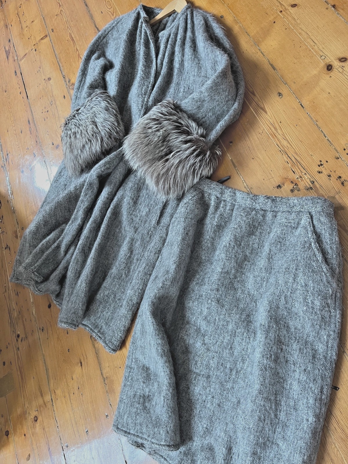 GEOFFREY BEENE Vintage two piece coat & skirt set, grey mohair with real fur