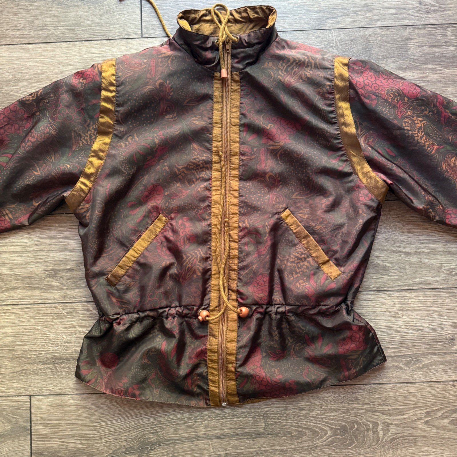 Sunterra Petite Vintage 80s Paisley Windbreaker Jacket Zip Up Cinched Waist PM