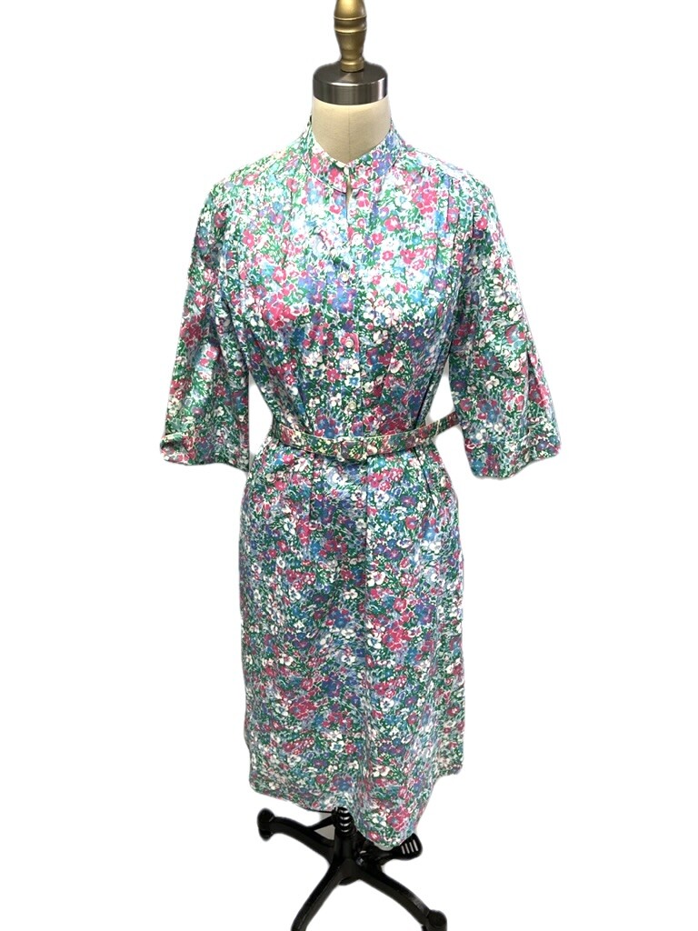 NWT 1970s VTG Margaret Smith Floral Shirt Dress Aqua Pink Shift Belted Pockets S