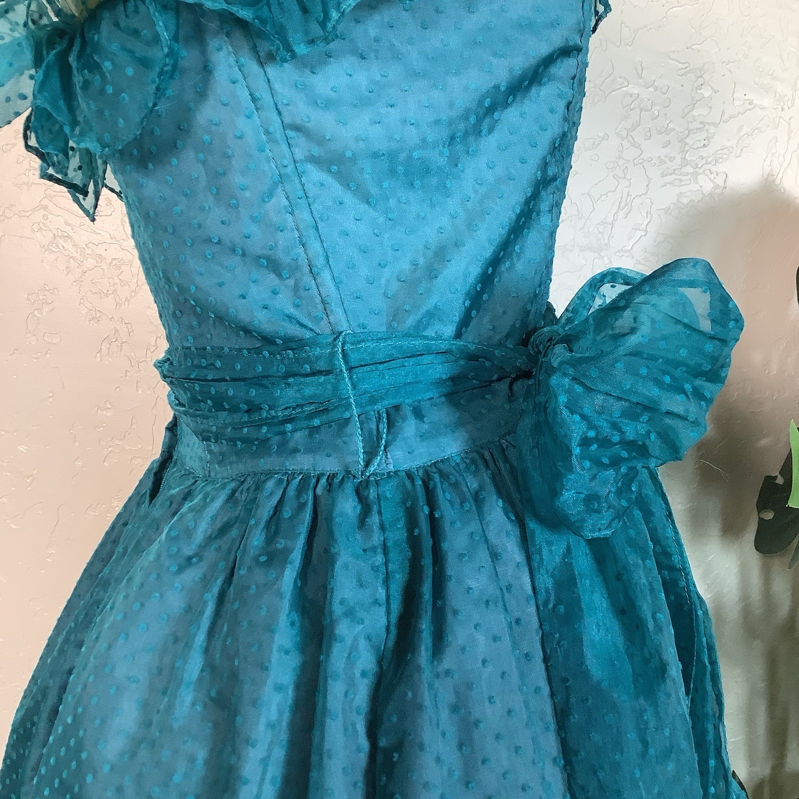 Vtg 1980s Gunne Sax Teal Swiss Dot Strapless Tea Length Semi-Formal Dress