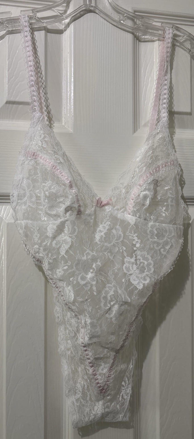 Vintage E. Bole White Lace High Cut Teddy Sheer Lace Pink Bow Ribbon Lingerie M