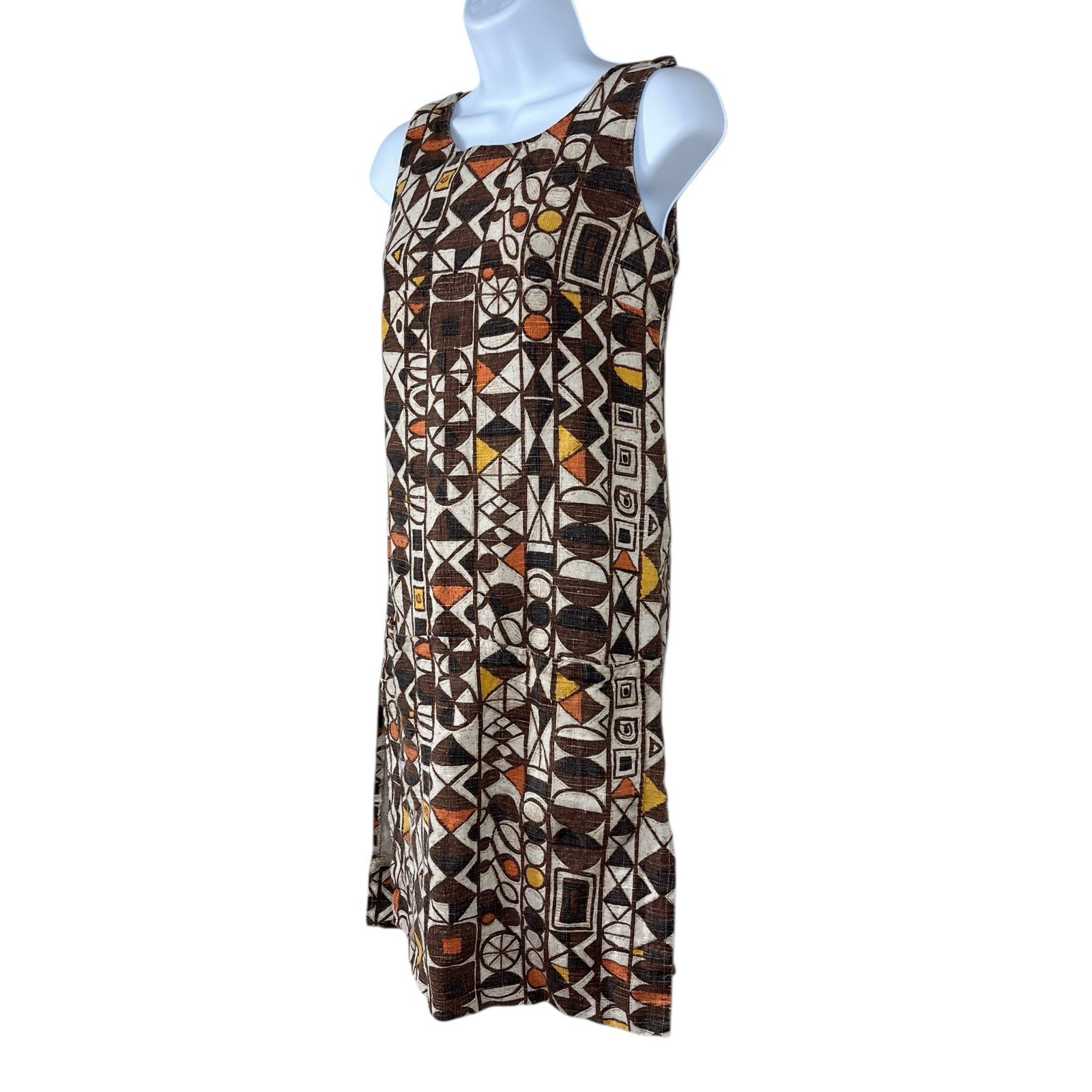 Vintage 1970s Hunter Sportswear Heavyweight Linen Shift Dress Sz M Mod Geometric