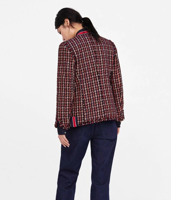 ZARA WOMAN TWEED JACKET BLAZER WITH STRIPED DETAIL Sz Medium M Red Blue White