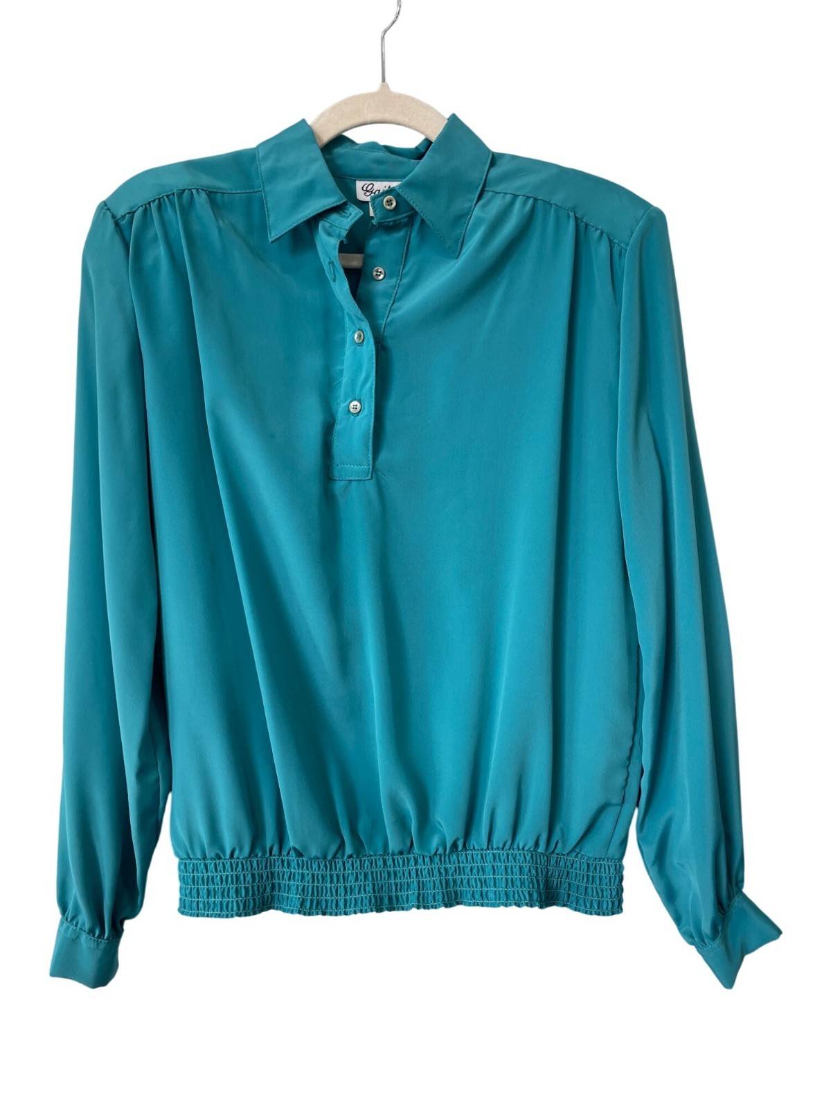 Vintage 80s Gailord Popover Blouse Size 8 Smocked Waist Teal Blue Deadstock NEW