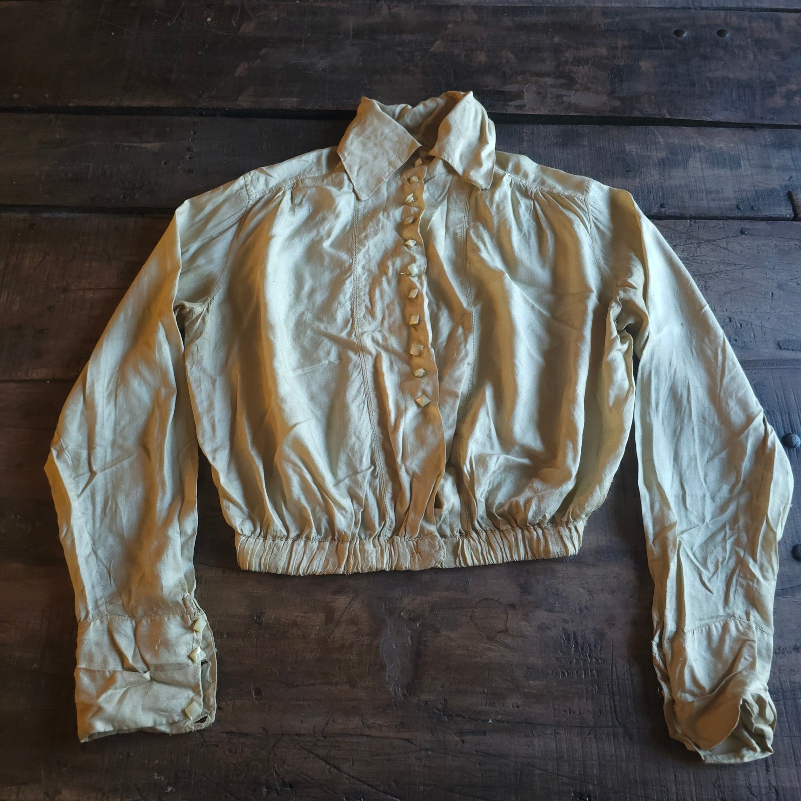 Antique Edwardian 1910s Victorian Blouse Cream Pyramid MOP Button Shirt Waist